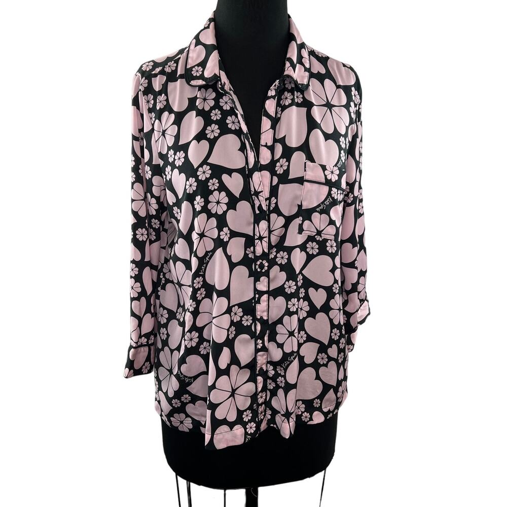 KATE SPADE Black Pink Top Clover Hearts Print Collared PJ Button-Up Medium M
